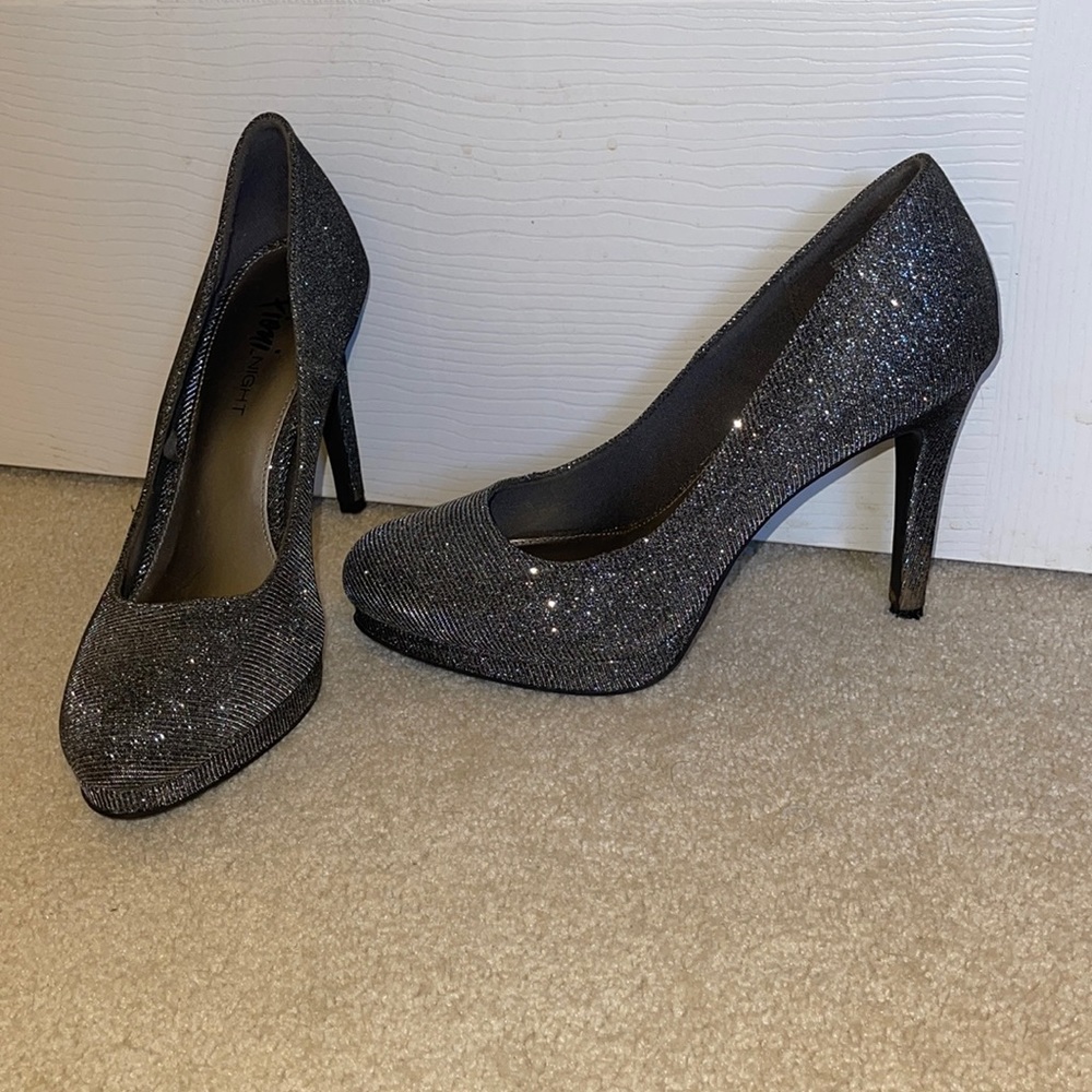 Charcoal grey, silver sparkle heels